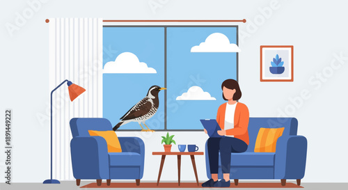 A woman sits on a sofa, looking at a tablet, with a bird perched outside the window