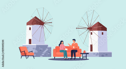 Couple enjoys tea by windmills