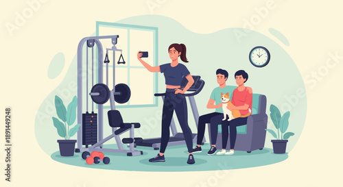A woman takes a selfie in a home gym while a couple relaxes with their dog