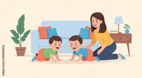A woman supervises two young children crawling near a sofa and a side table