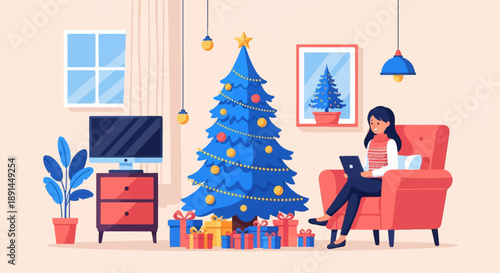 Cozy Christmas scene with woman on laptop near decorated tree and presents