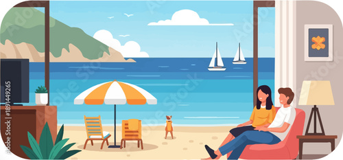 Couple enjoys scenic beach view from a cozy room with a dog