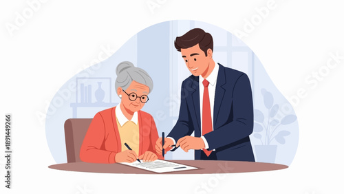 An older woman and a younger man signing a document together