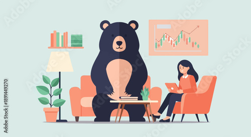 A woman uses a tablet while a bear sits on a couch with a graph