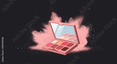 An open makeup palette with ten shades of color, surrounded by a cloud of pink powder