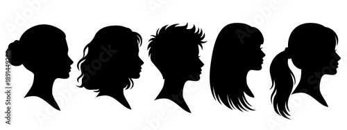 Human female head silhouettes, women side profile faces