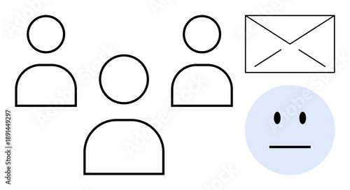 Communication, teamwork, interaction, social networks, message delivery, emotions. Group of people with envelope and face icons. Communication and teamwork visually