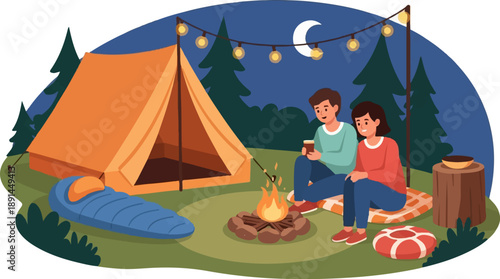 Couple enjoys night camping by campfire with string lights and moon