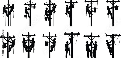 Silhouette set of utility linemen climbing power poles, performing electrical maintenance, safety work, and teamwork concepts on white background isolated vector illustration