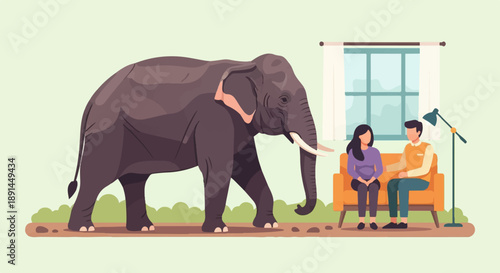 An elephant walks past a couple sitting on a couch in a room