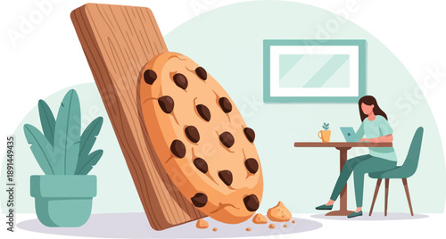A woman works on a laptop by a table with a mug next to a giant cookie