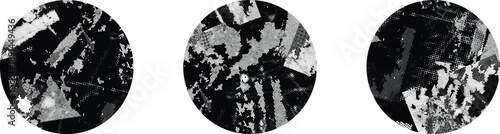 Textured circles vector set. Glitched social media templates . Trendy defect error shapes . Glitched frame .Grunge textured. Distressed effect. Shapes with a halftone dots screen print texture. 