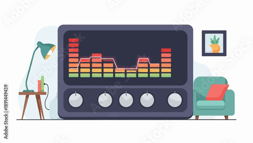 Cozy corner with audio equipment, lamp, books, and framed pineapple art