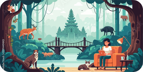 A woman works on a laptop in a cozy chair in a lush jungle beside wild animals