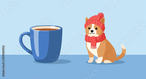 Cozy Corgi and a steaming mug of coffee on a cool day