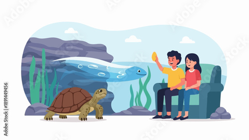 Couple observes turtle and eel in aquatic exhibit