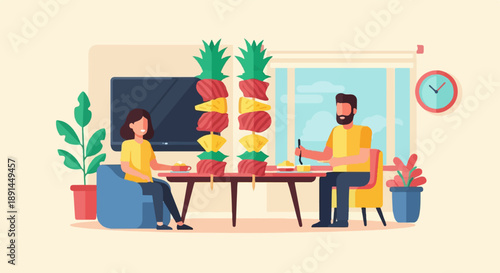 Couple enjoys indoor barbecue skewers with pineapple and meat