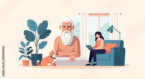 A woman works on a laptop next to a statue and dog