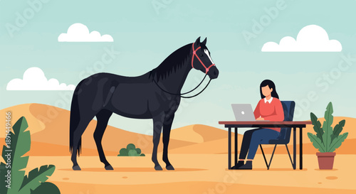 A woman works on a laptop with a horse nearby in a desert landscape