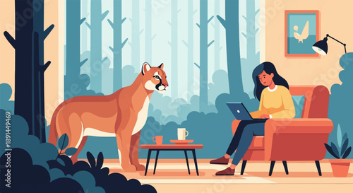 A woman works on her laptop in a room with a mountain lion looking at her