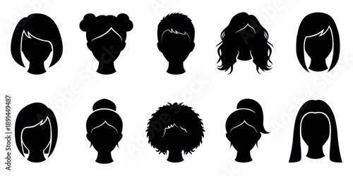 Female head cameo silhouettes, women front view faces