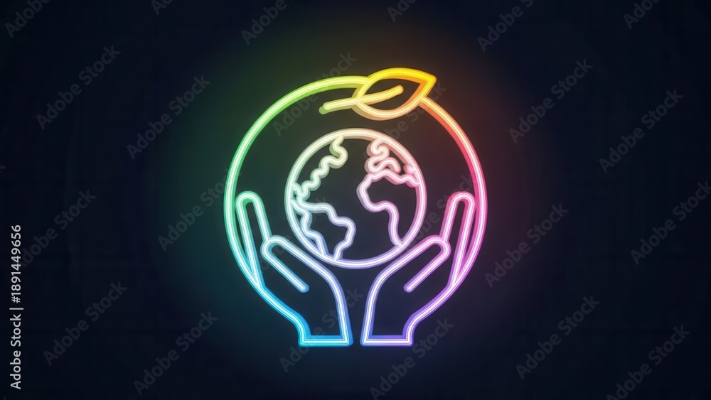 Fototapeta premium Vibrant neon illustration of hands holding the globe, encircled by a leaf, symbolizing ecological