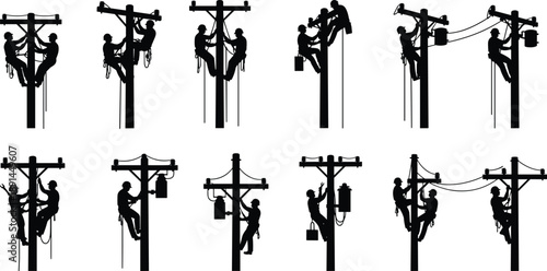 Silhouette set of utility linemen working on power poles, climbing and repairing electrical lines, showcasing safety, teamwork, and energy infrastructure maintenance