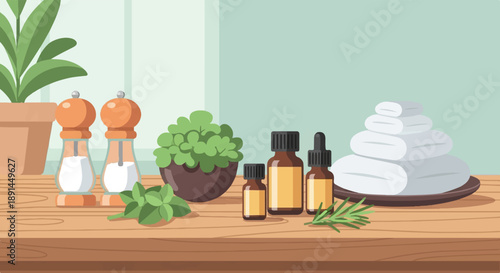 A wooden shelf displays aromatherapy oils, herbs, salt and pepper shakers, and stacked towels