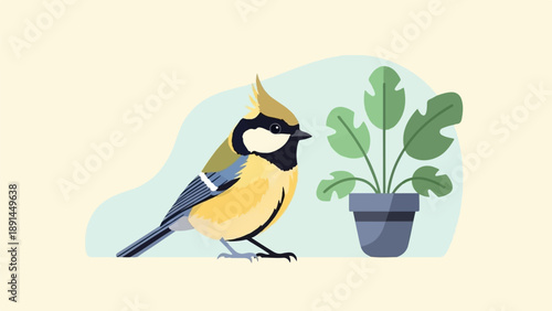 A yellow bird with a crested head sits near a potted green plant