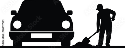 Black silhouette of a person wearing a cap shoveling dirt next to a car