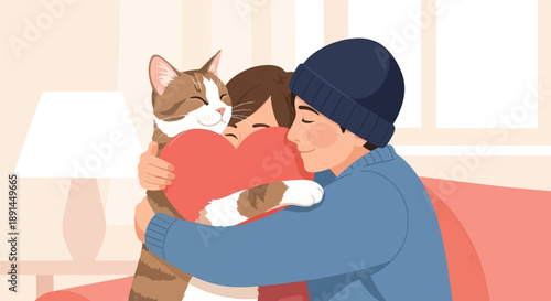 A young couple and their cat embrace warmly, sharing a heart-shaped object