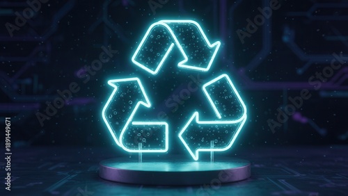 Vibrant luminous recycling symbol amidst a dark futuristic circuit board for sustainable