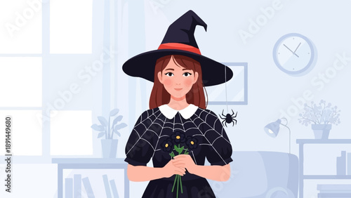 A young girl in a witch costume holding flowers, with a spider