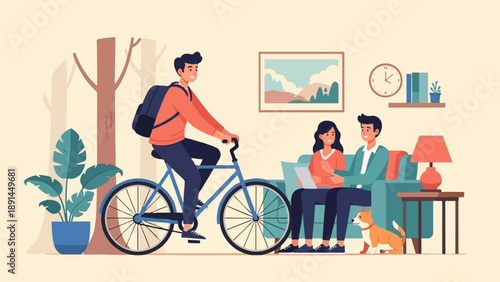 A young person cycles past a couple relaxing indoors with their dog