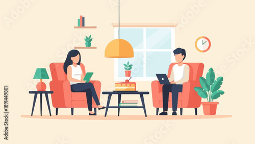 Couple relaxing in armchairs, one with tablet, other with laptop