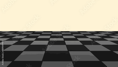 Abstract checkered floor receding to a plain beige wall