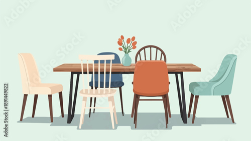 Cozy dining set with a vase of orange flowers on a wooden table