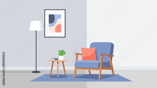 Cozy living room with armchair, lamp, side table, plant, book & art