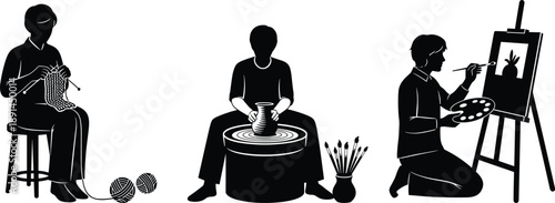 Three silhouettes of people engaged in creative hobbies knitting pottery painting