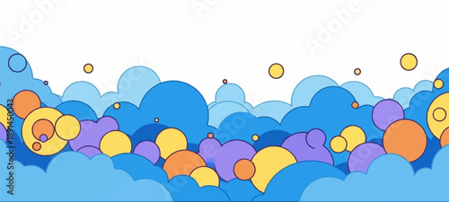 Abstract layered shapes in blue, purple, and orange, resembling a whimsical sky