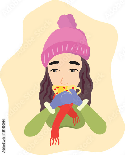 Cute vector illustration of a young woman wearing winter clothes, drinking a hot beverage from a cup. Cozy seasonal concept with warm scarf, gloves, and knitted hat. Flat cartoon style, 