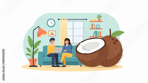 Couple on couch using laptop near large halved coconut in a cozy room