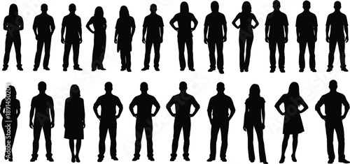 Diverse group of male and female silhouettes standing in two rows against a white background