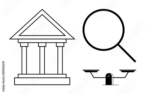 Law, justice, legal research, government systems, fairness, court authority. A courthouse, magnifying glass and scales of justice symbols. Law and justice concept emphasizing fairness and research