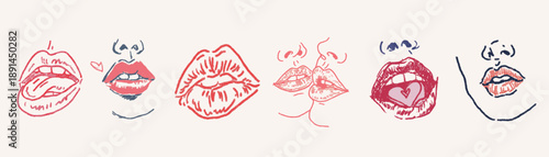 Doodle style lips illustration for a trendy valentine day romantic greeting card design