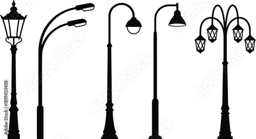 Street light silhouettes collection featuring classic and modern lamppost designs, isolated black vector illustrations for urban outdoor lighting concepts projects branding