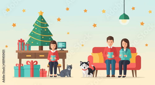 Cozy holiday scene with a Christmas tree, gifts, and people reading