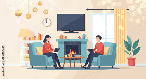 Cozy living room with fireplace, gifts, Christmas decor, and two people reading