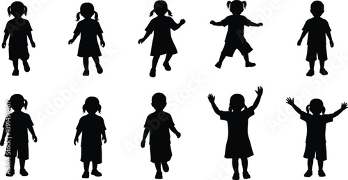 Collection of black silhouettes of children in various poses and actions on a white background