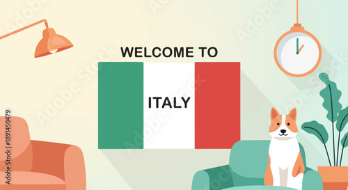 Cozy living room with Italian flag, a dog, and home decor items